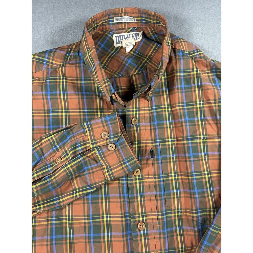 Duluth Trading Co Untucked Plaid Button Down Shirt Mens L Relaxed Fit